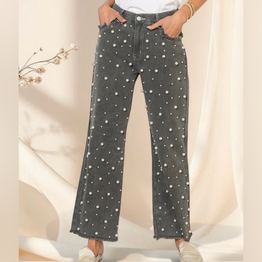 POL The Pearl Drop Jeans Distressed Straight-Leg Beaded Denim in Smoky Charcoal - Picture 6 of 6